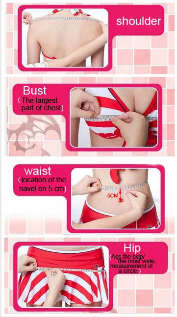 Measuring guide for fit; includes shoulder, bust, waist, and hip measurements for Gold Ship uniform suit for cosplayers