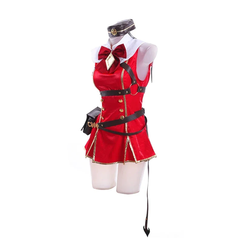 Gold Ship uniform suit for cosplayers in vibrant red with stylish details and accessories