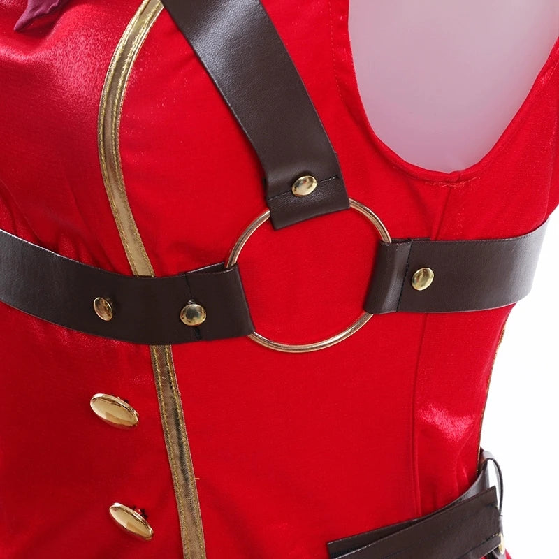 Close-up of the Gold Ship uniform suit for cosplayers featuring red fabric and stylish straps