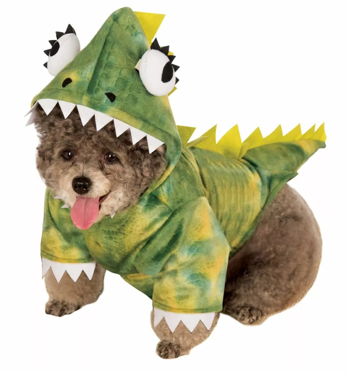 Adorable dog wearing a green pet dinosaur outfit with a hood and spikes for fun dress-up occasions