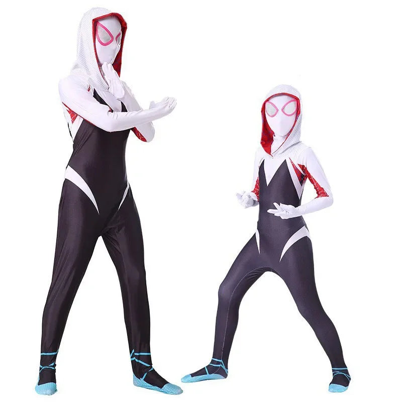 Gwen Stacy Halloween costume for women and kids featuring a stylish jumpsuit with a hood