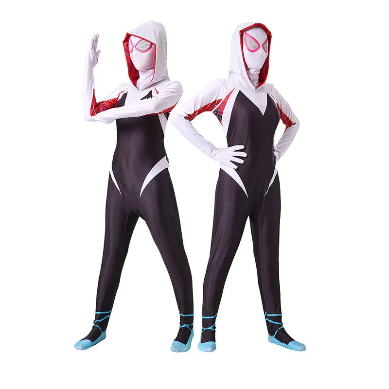 Gwen Stacy Halloween costume for women and kids in black and white with a hood and mask