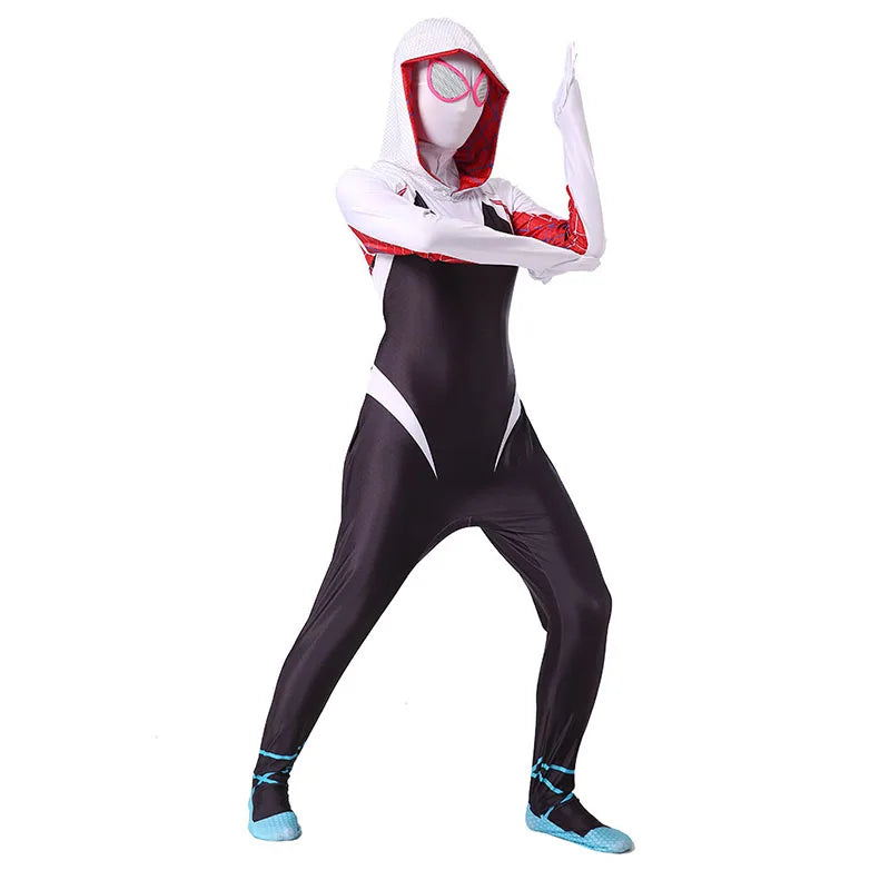Gwen Stacy Halloween costume for women and kids featuring a stylish jumpsuit and hooded design