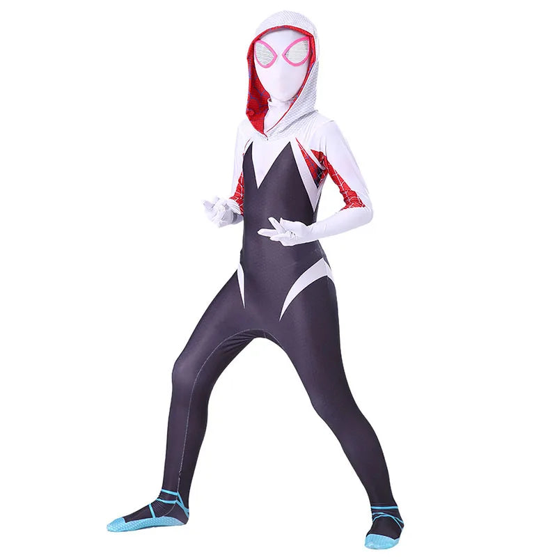 Gwen Stacy Halloween costume for women and kids featuring a sleek design with mask and hood
