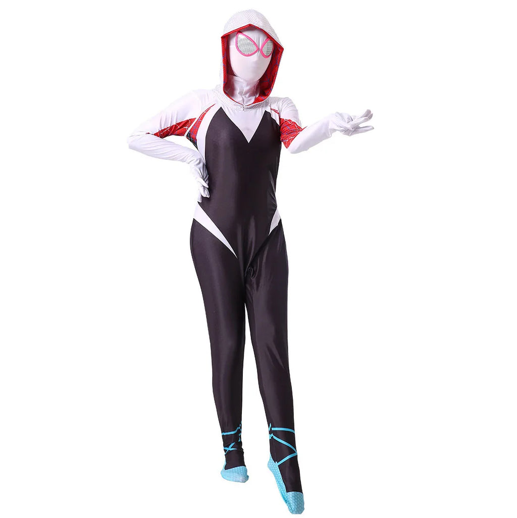 Gwen Stacy Halloween costume for women and kids featuring a sleek black jumpsuit with red accents