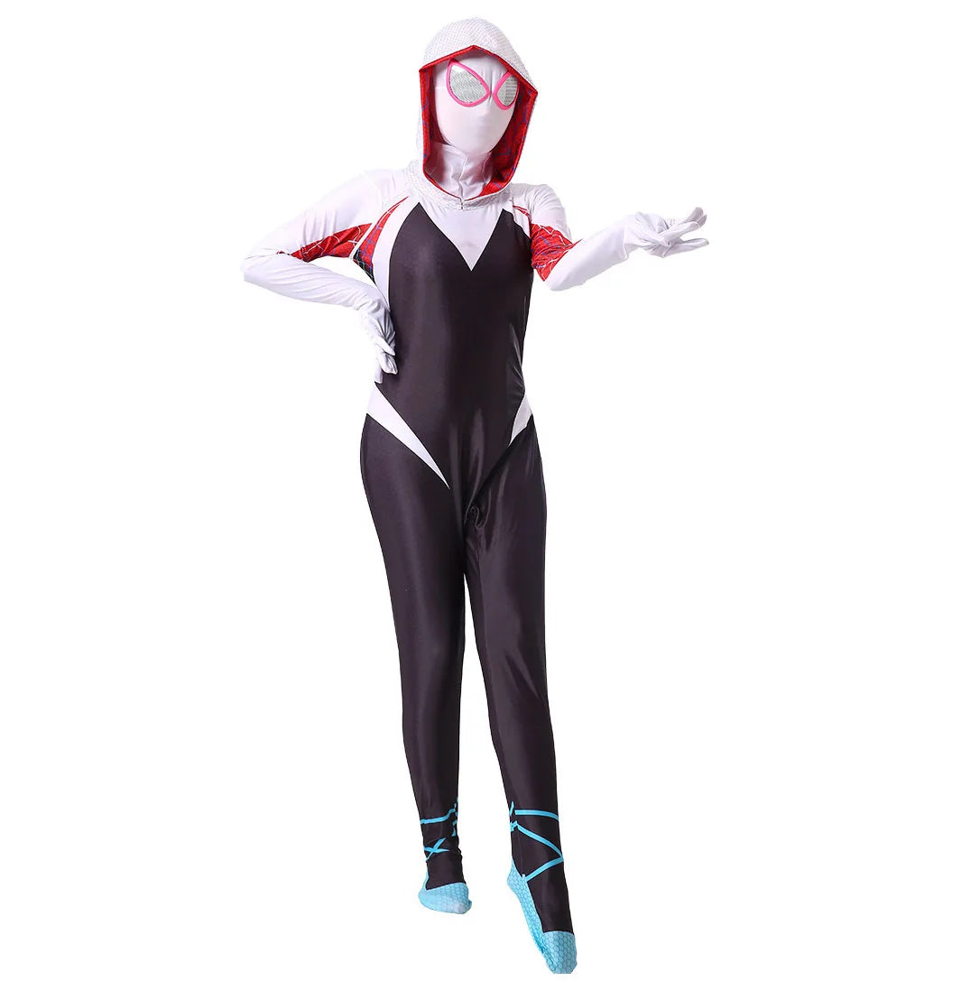 Gwen Stacy Halloween costume for women and kids featuring a sleek black jumpsuit with red accents