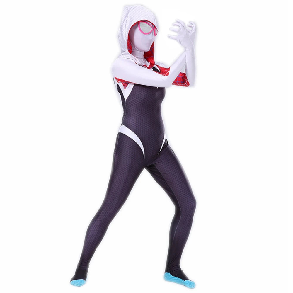 Gwen Stacy Halloween costume for women and kids featuring a stylish bodysuit with a hood and eye-catching design