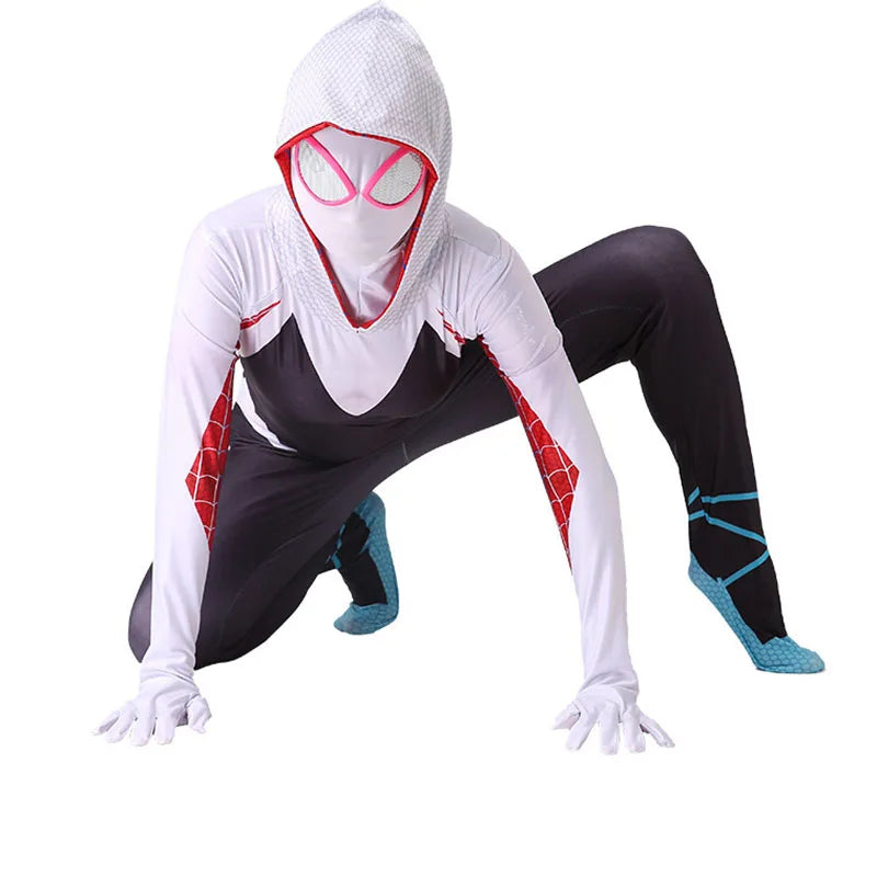 Gwen Stacy Halloween costume for women and kids with a stylish spider-themed design in action pose