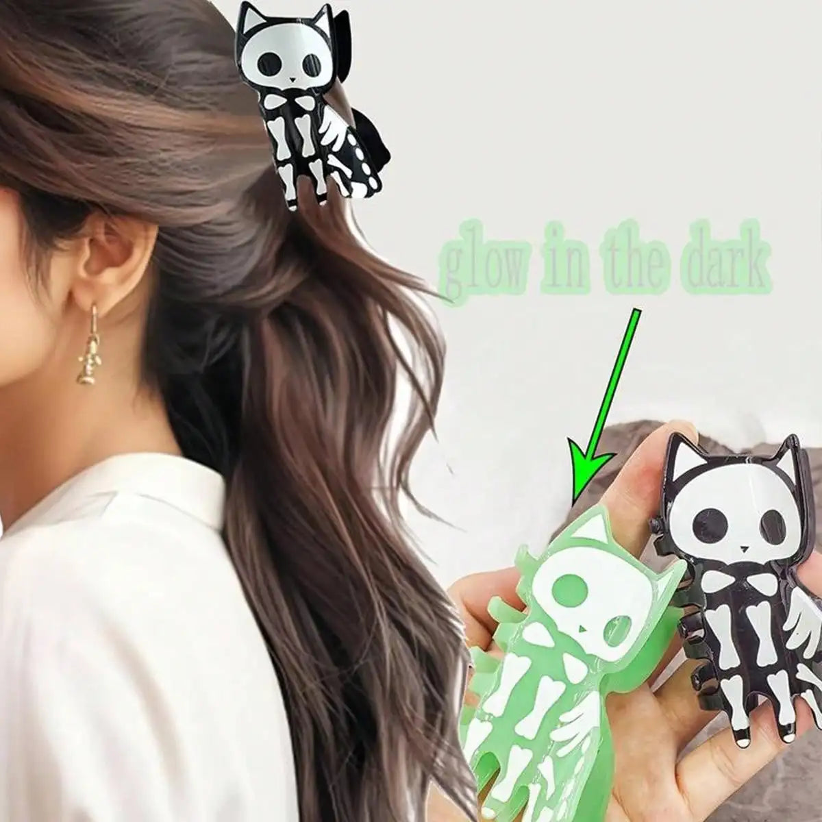 Halloween acrylic skull hair accessory featuring glow in the dark cat designs for a spooky look