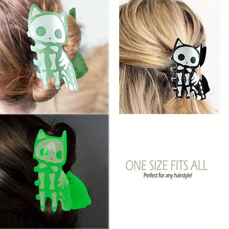 Halloween acrylic skull hair accessory featuring cute skeleton design in black and green colors