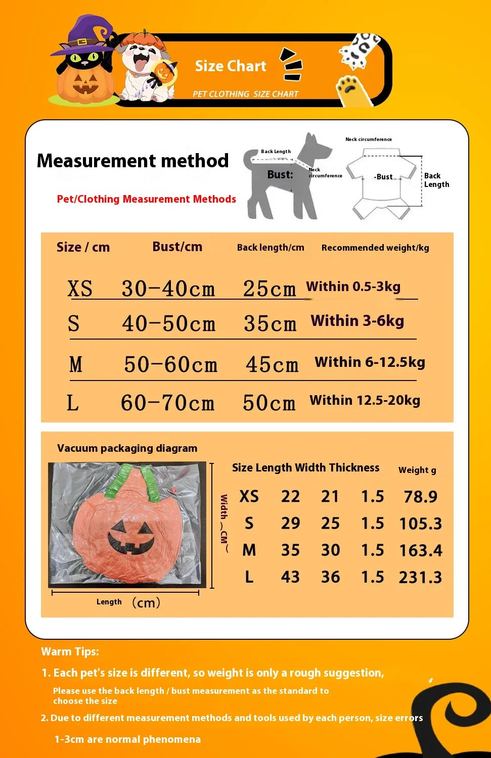 Size chart for Halloween Christmas dog costume from Zoomies & Co with measurements for XS to L