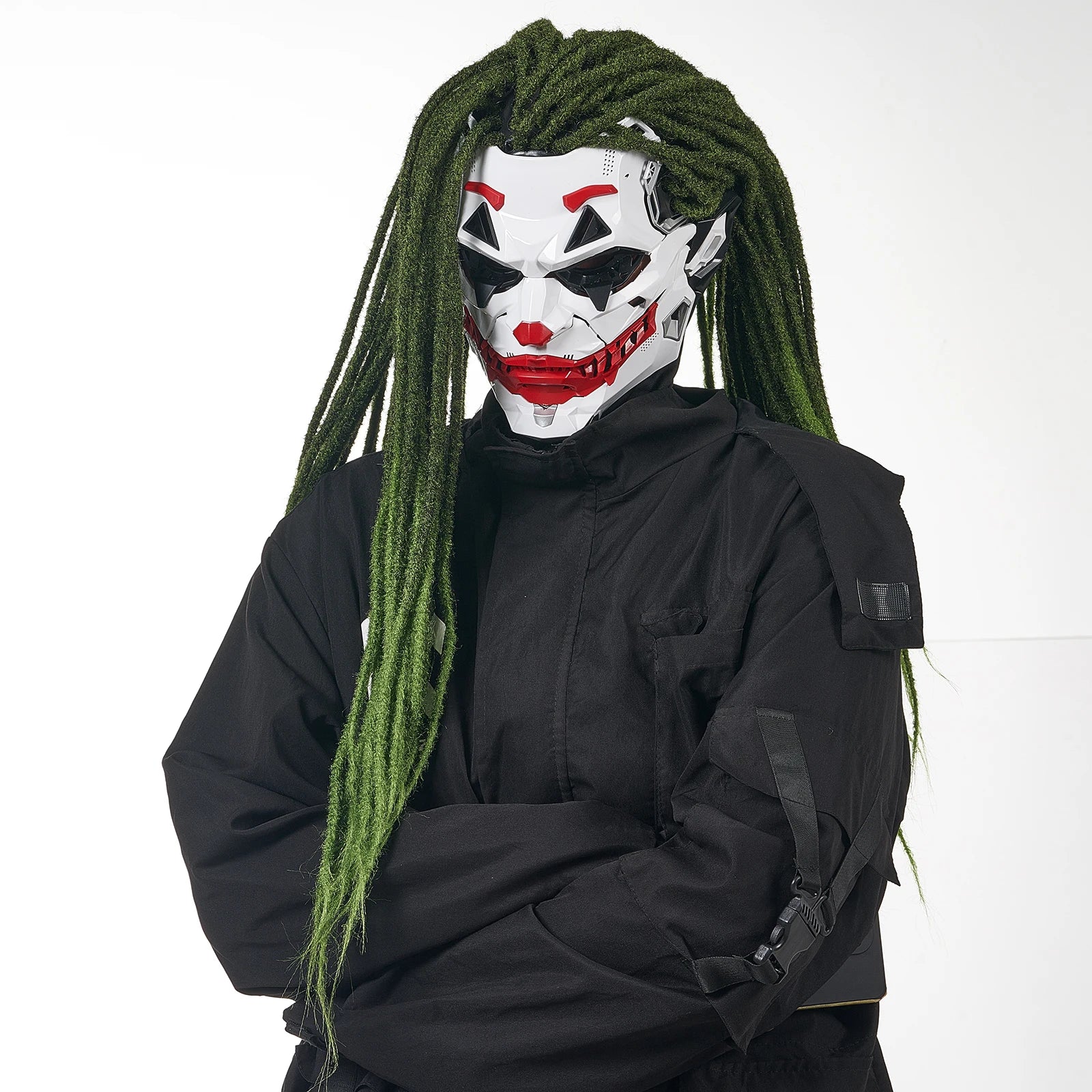 Halloween cyberpunk prop mask with green hair and bold design, perfect for costume parties