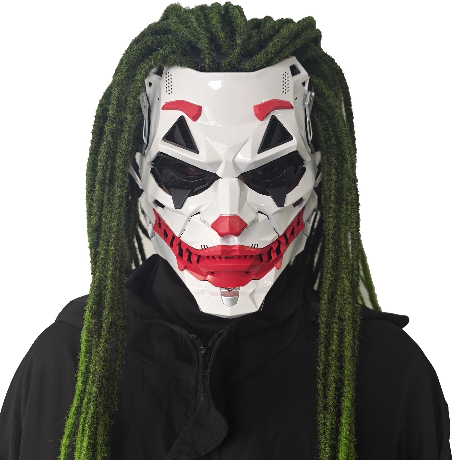 Unique Halloween cyberpunk prop mask with vibrant green hair and bold facial features