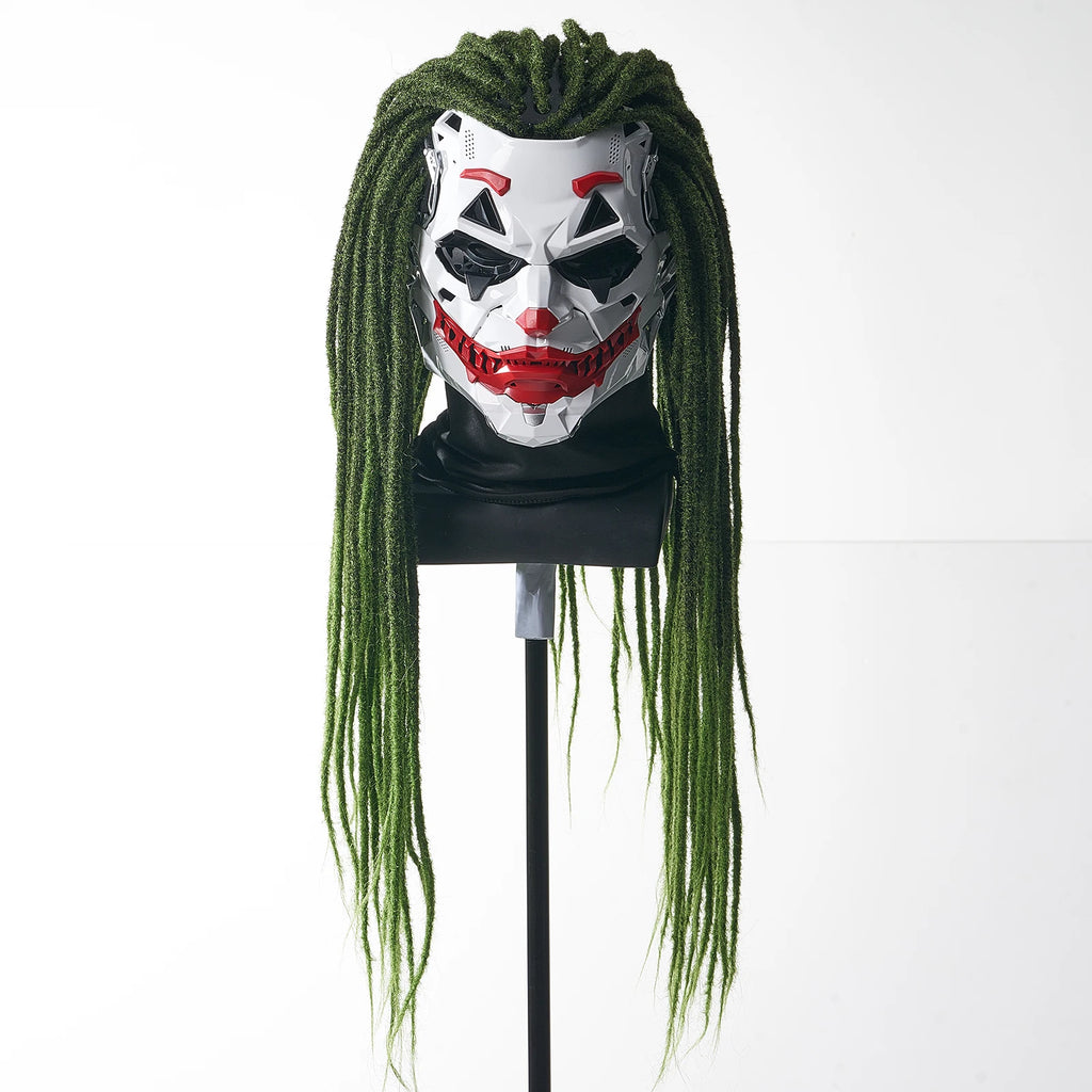 Unique Halloween cyberpunk prop mask with green hair and detailed facial features for costume parties