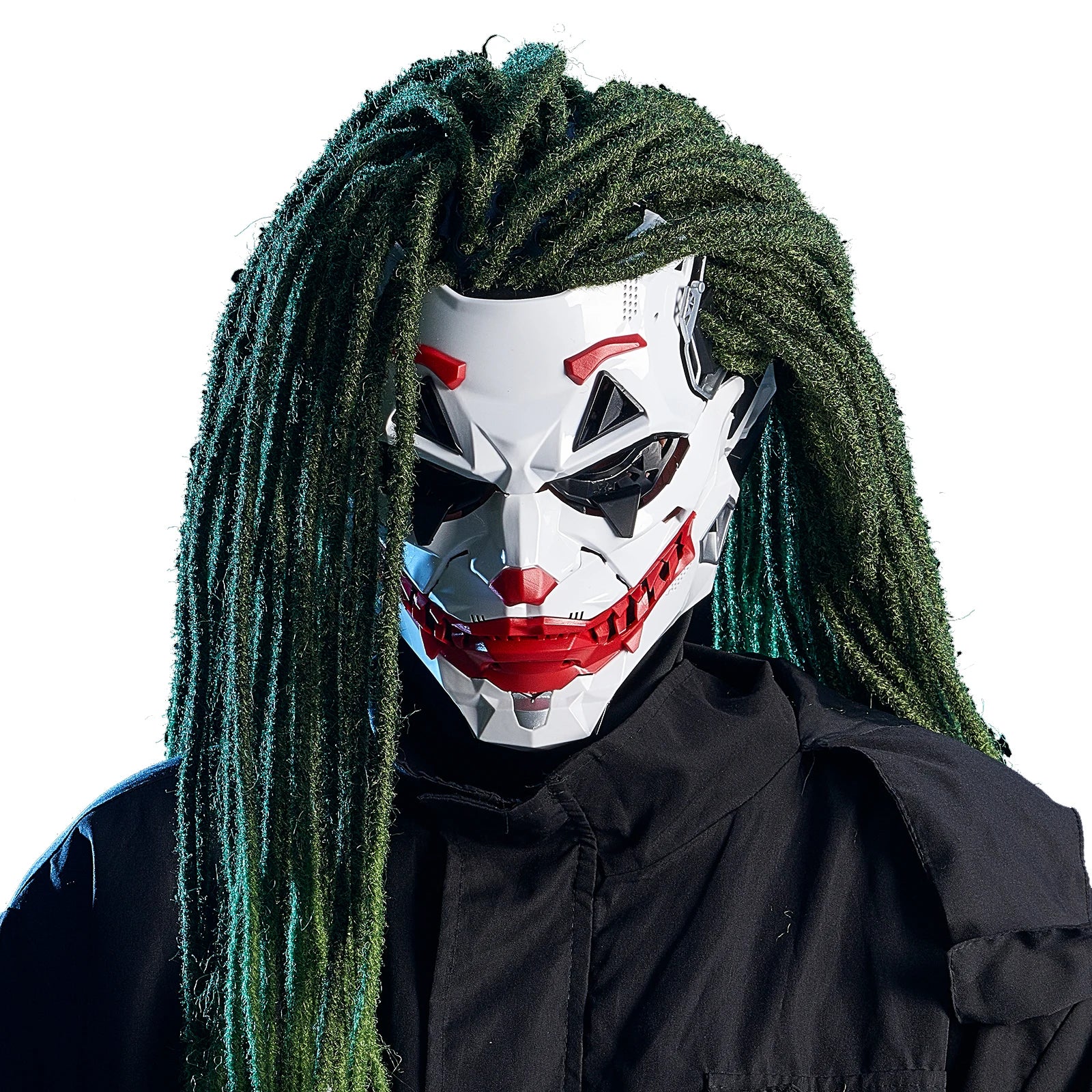 Halloween cyberpunk prop mask featuring a fierce design with long green hair for a striking look
