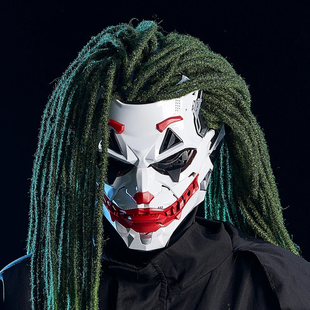 Zoomies & Co Halloween cyberpunk prop mask with vibrant green hair and a sinister design