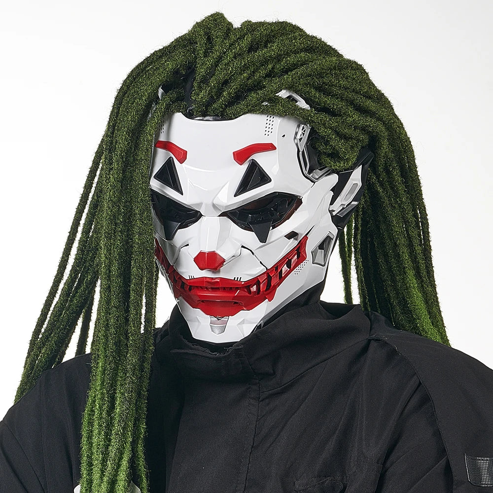 Halloween cyberpunk prop mask with green hair and intricate design for a futuristic costume accessory
