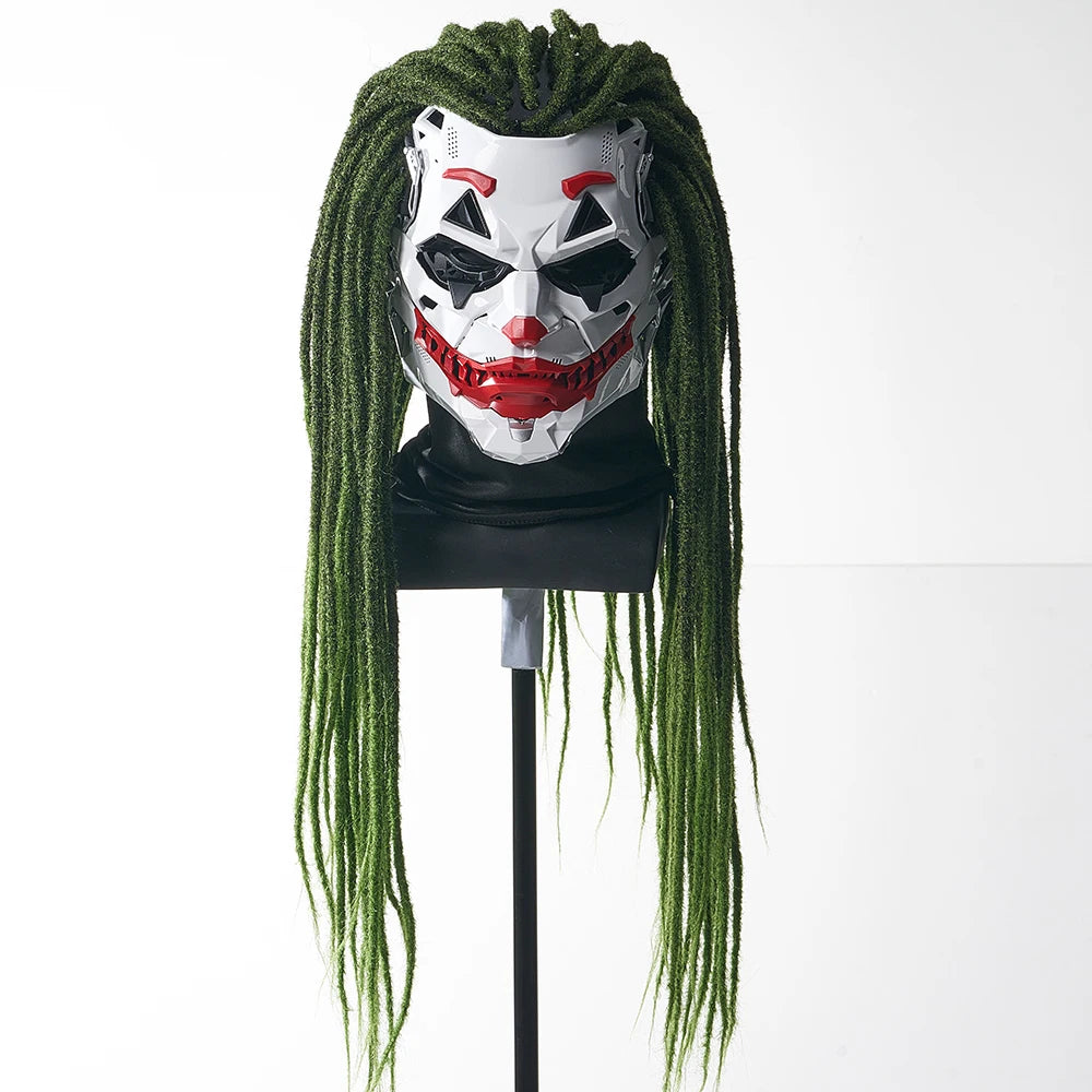 Halloween cyberpunk prop mask with long green hair and a menacing design for festive costumes