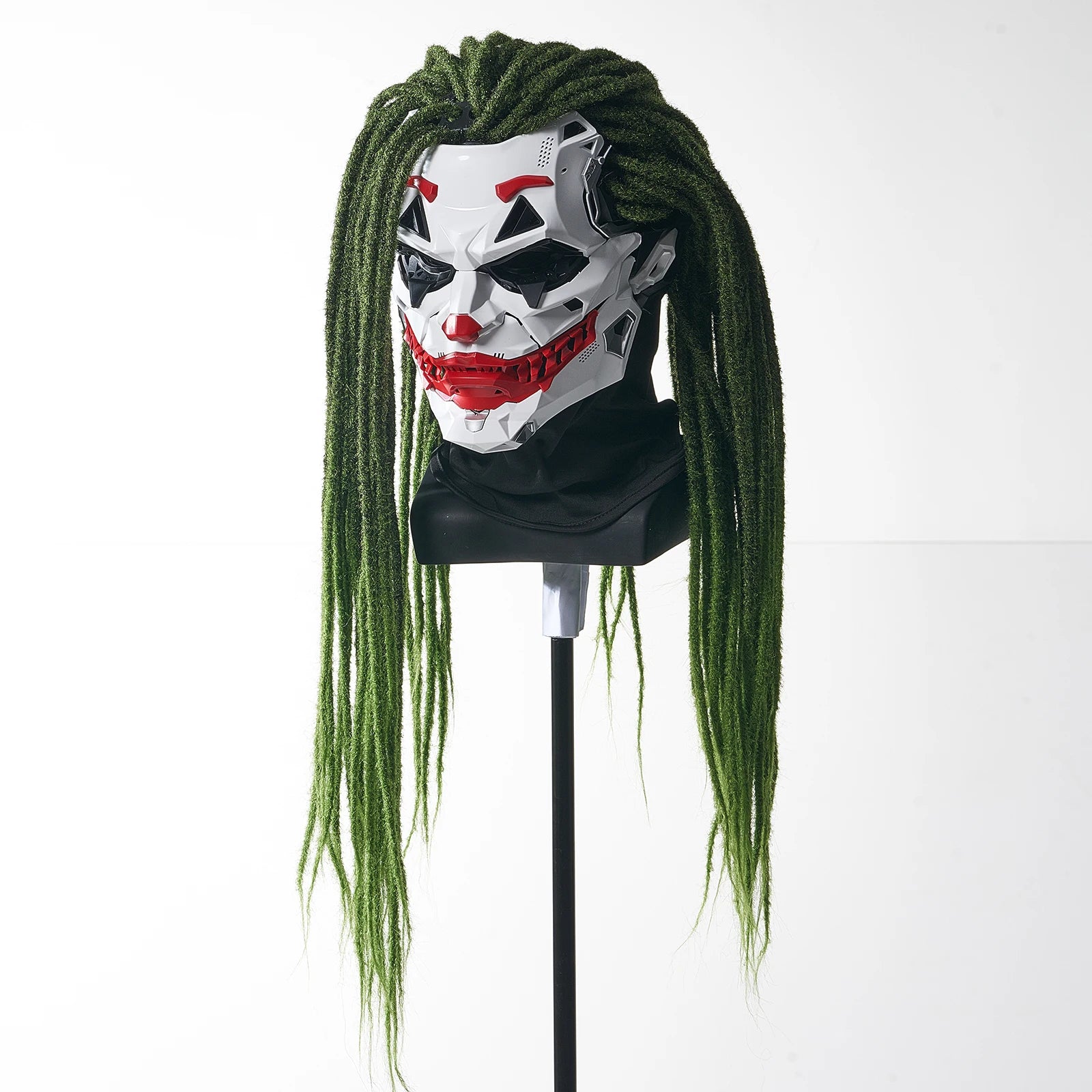 Halloween cyberpunk prop mask with long green hair and a dramatic face design for costume parties