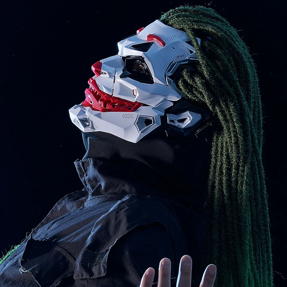 Unique Halloween cyberpunk prop mask with vibrant hair and intricate design for costume enthusiasts