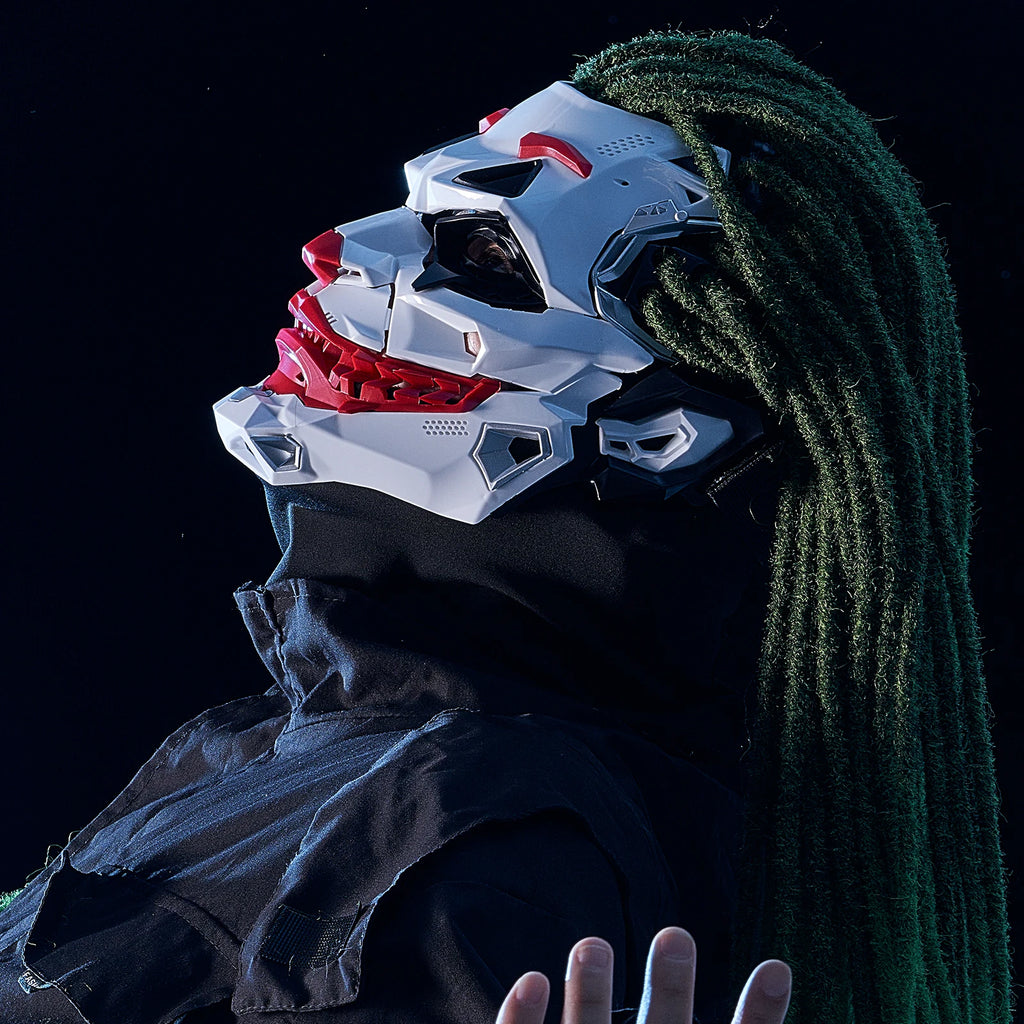 Halloween cyberpunk prop mask with intricate design and vibrant green hair for a bold look