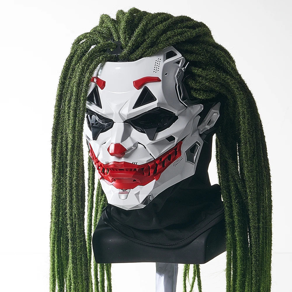 Halloween cyberpunk prop mask featuring green hair and a detailed, menacing design
