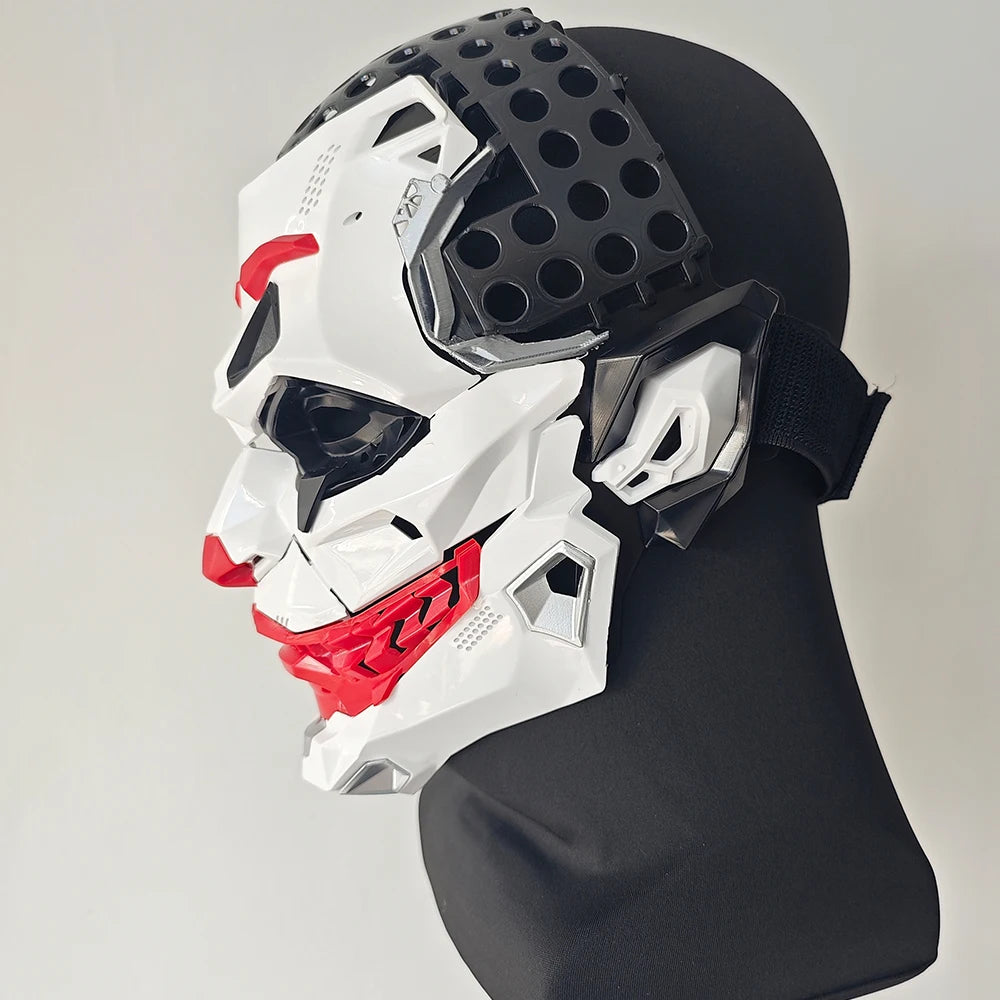 Halloween cyberpunk prop mask in white and black with red accents and futuristic design