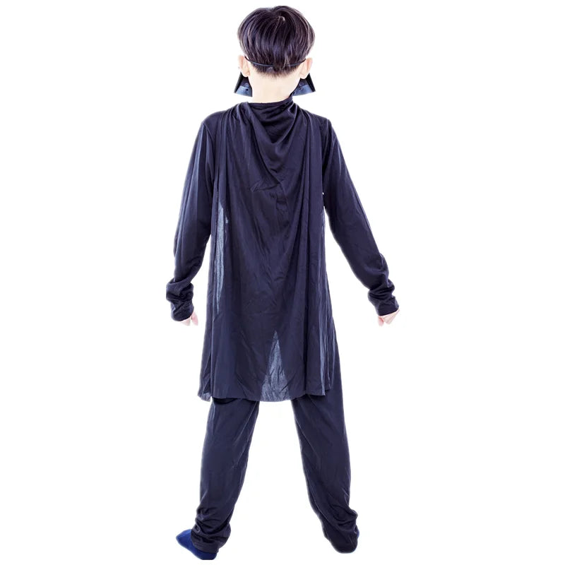 Back view of a kids' Halloween Darth Vader Costume from Zoomies & Co with a flowing cape and black attire