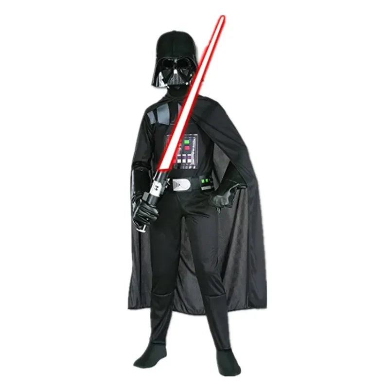 Kids wearing a Halloween Darth Vader Costume for kids with a red lightsaber and black cape