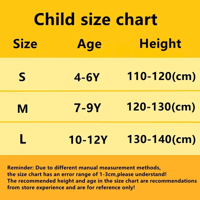 Child size chart for Halloween Darth Vader Costume for kids with sizes and age range