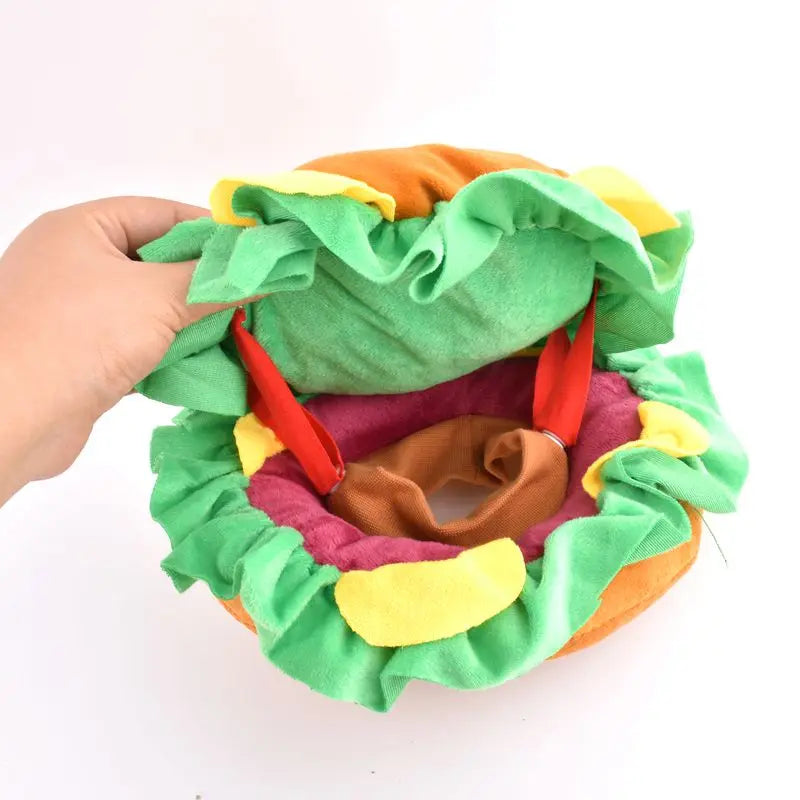 Halloween dog burger costume with plush lettuce and tomato details for fun pet dress-up
