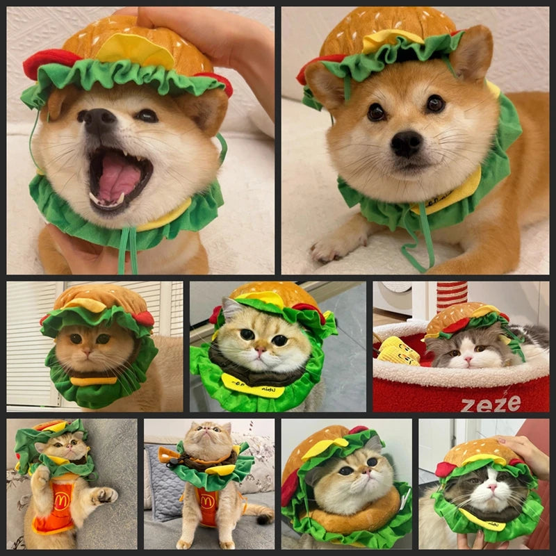 Halloween dog burger costume in fun designs for pets, featuring a colorful burger hat
