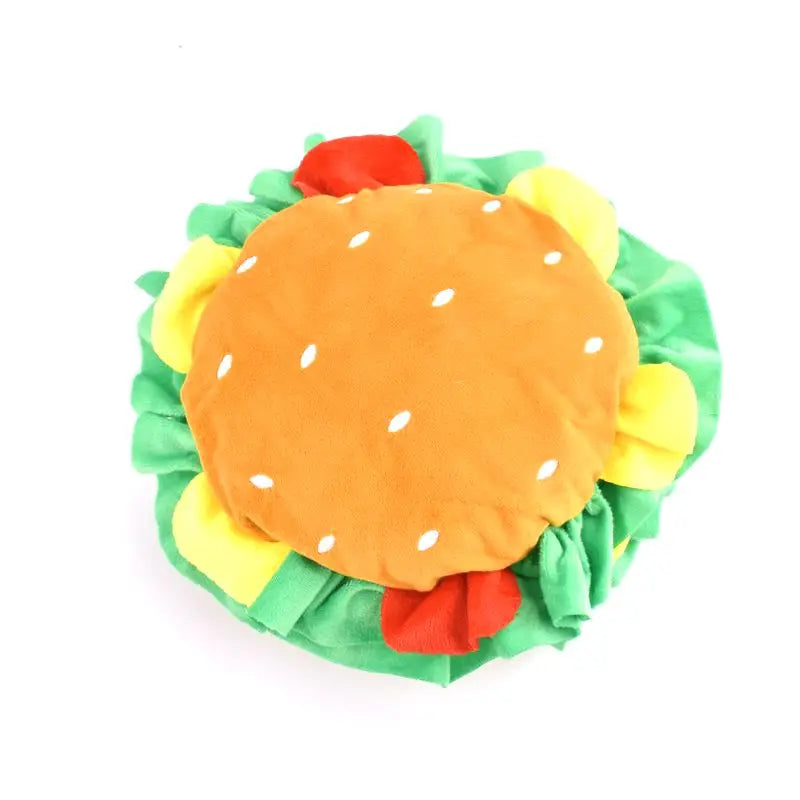 Halloween dog burger costume plush, featuring a cute hamburger design with colorful toppings