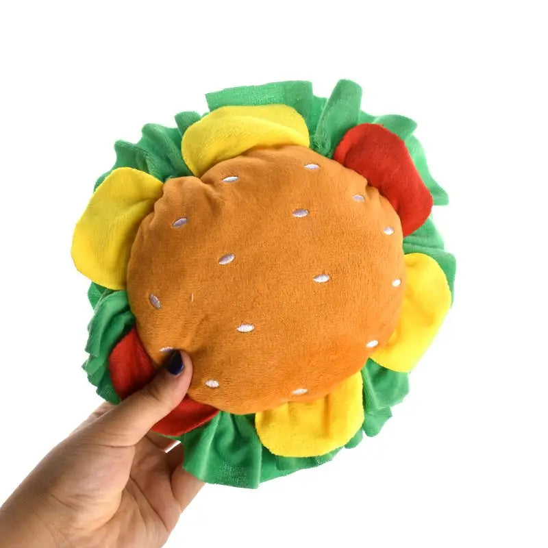 Plush Halloween dog burger costume with colorful toppings for festive pet dress-up