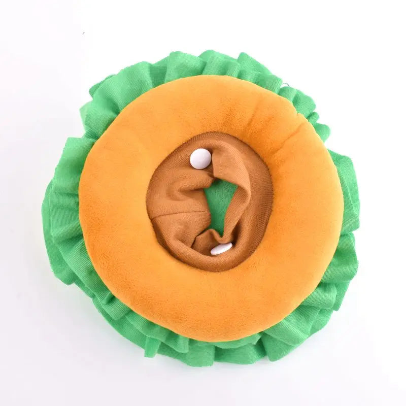 Halloween dog burger costume plush outfit with bun and lettuce details for festive pets