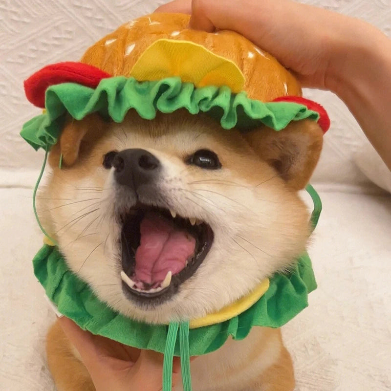 Halloween dog burger costume featuring a cute dog wearing a burger hat with lettuce and tomato details