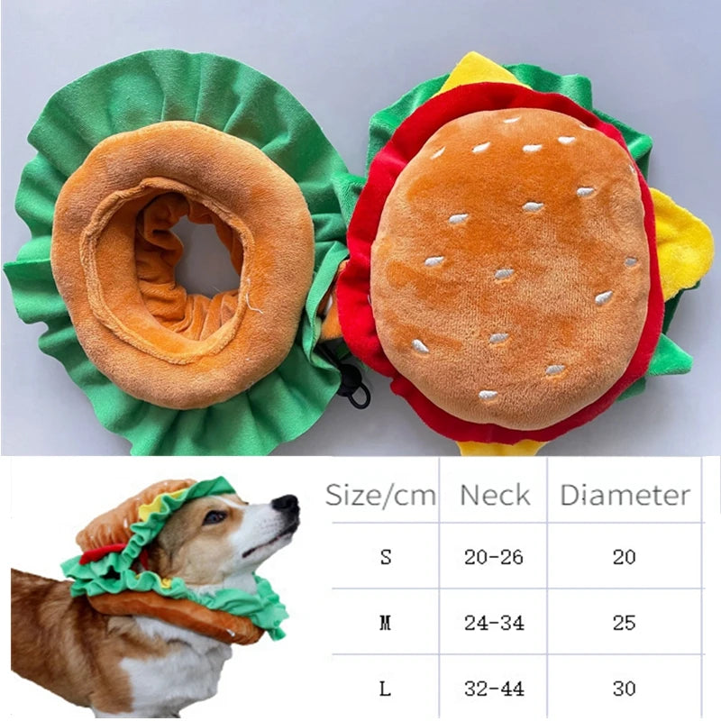 Halloween dog burger costume for pets available in multiple sizes, featuring a fun burger design