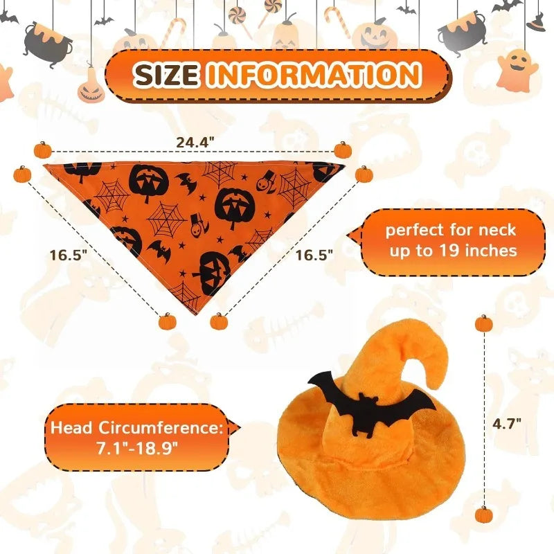 Size information for Halloween dog costume set including bandana and witch hat dimensions