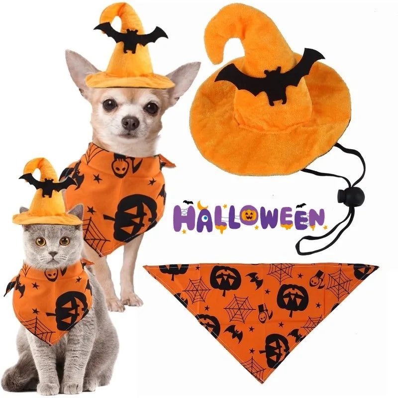 Halloween dog costume set featuring a orange bandana and witch hat with bat design for festive pets