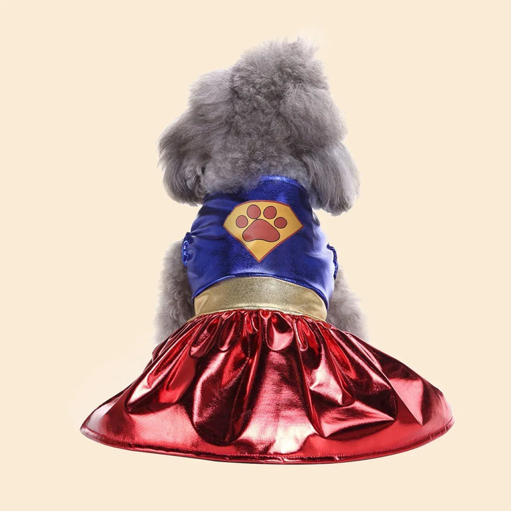 Cute Halloween dog costume featuring a blue and red superhero outfit for small dogs