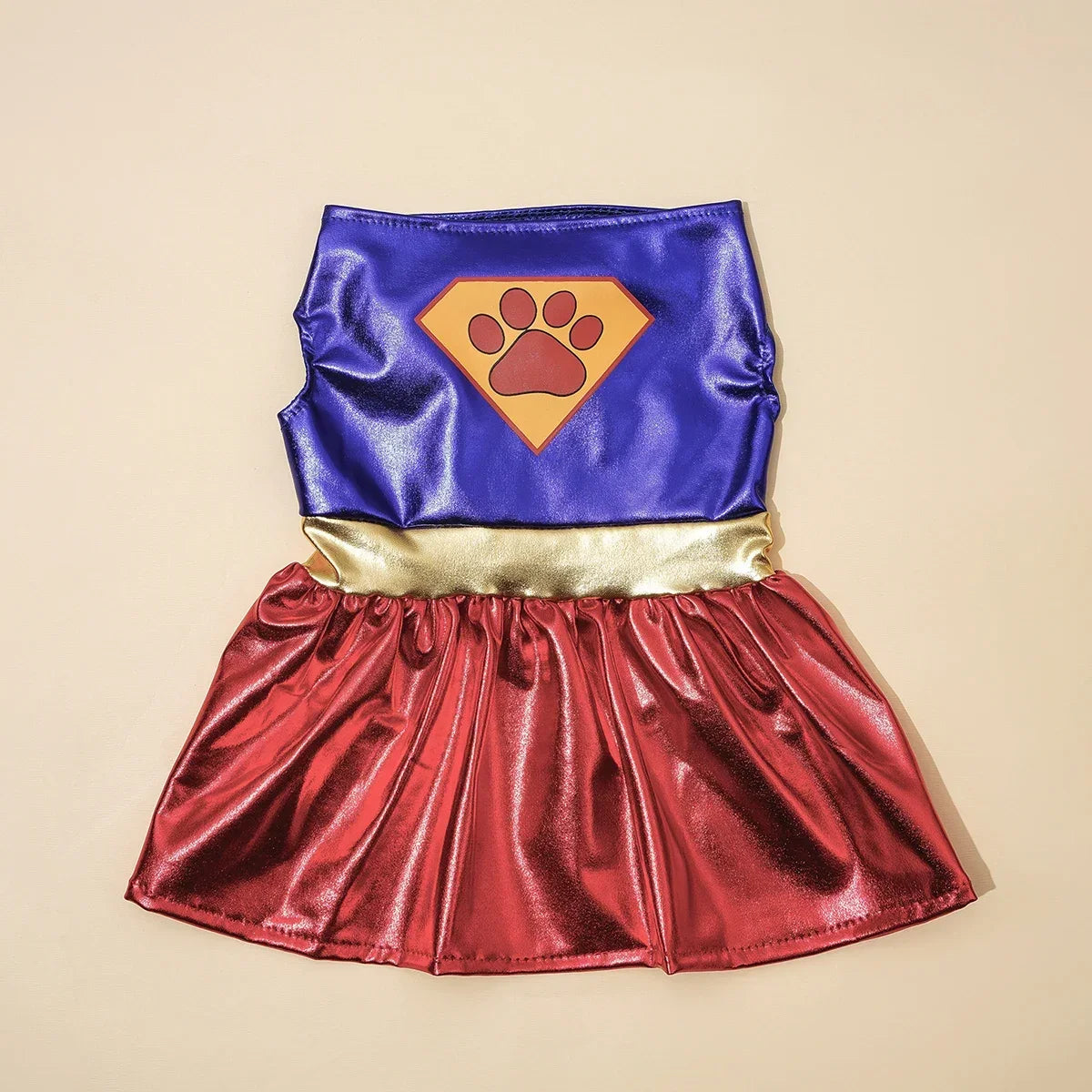 Superhero style Halloween dog costume with a shiny blue top and a red skirt for pets