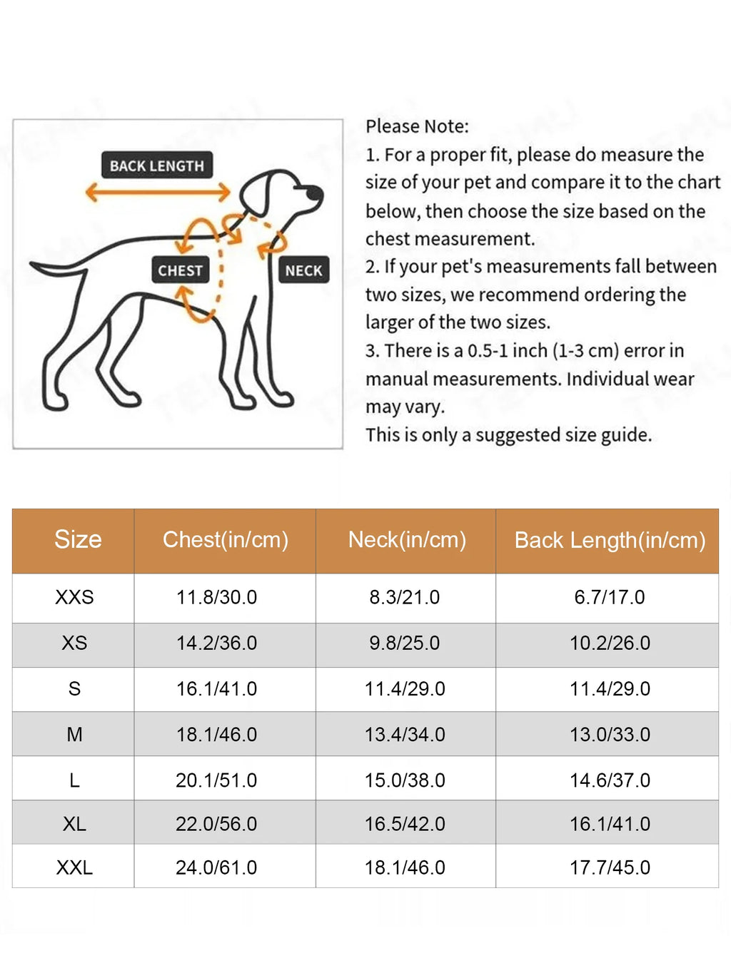 Size chart for Halloween dog costumes for small dogs with measurements for chest, neck, and back length