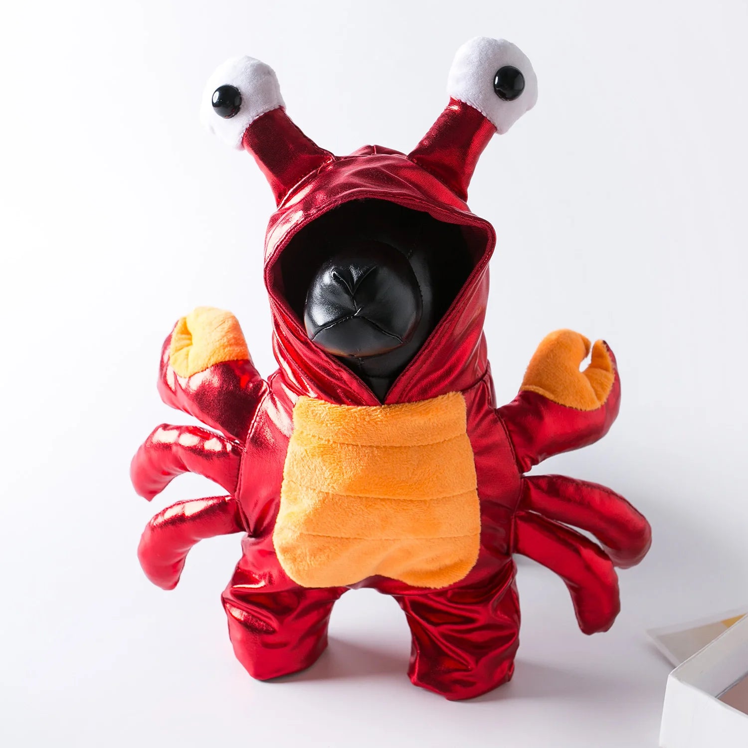 Halloween dog crab costume in shiny red with orange accents and oversized eyes for playful pets