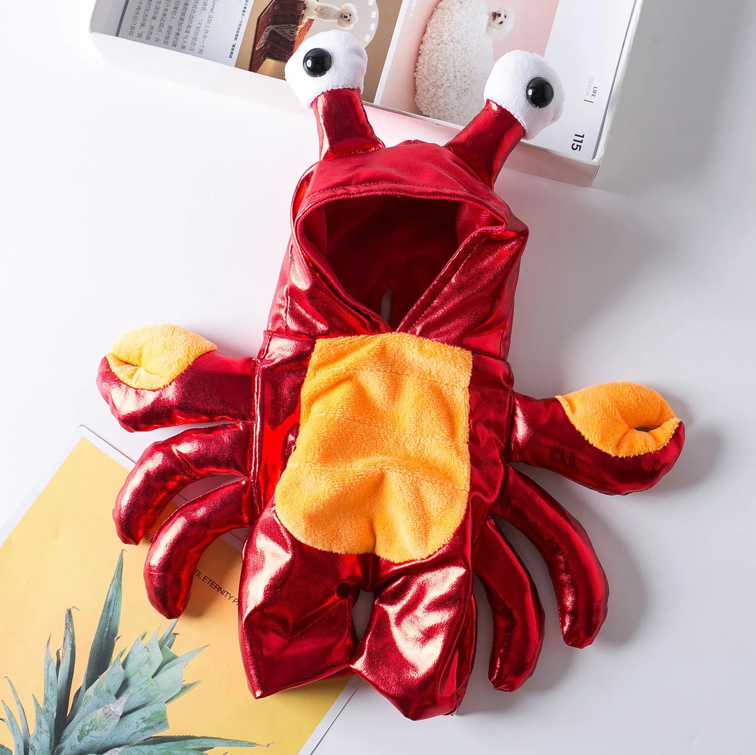 Halloween dog crab costume in red and orange with eye details for festive pet celebrations