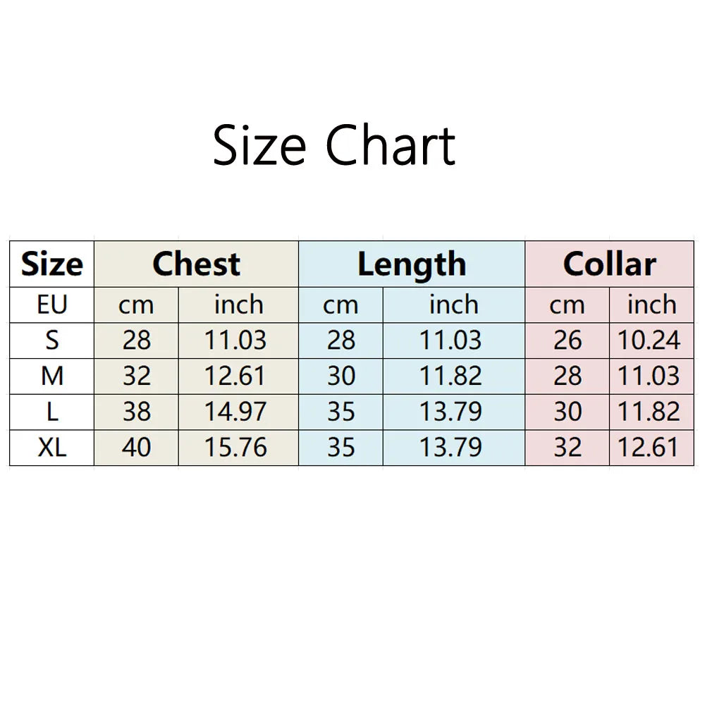Size chart for Halloween dog crab costume with measurements for different sizes