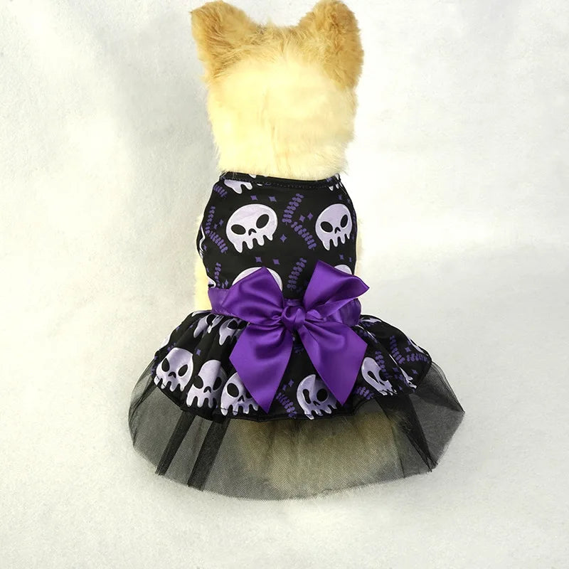 Halloween dog dress for small breeds with purple bow and skull print design
