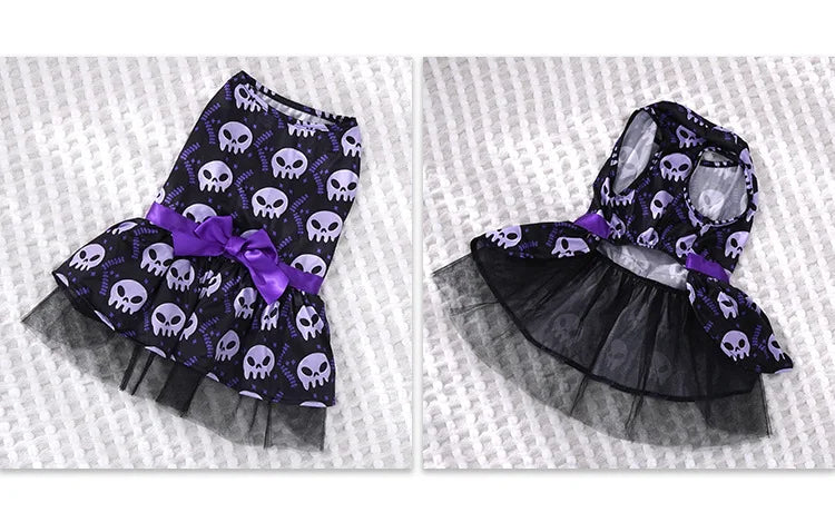 Halloween dog dress for small breeds in black with purple skulls and a layered skirt