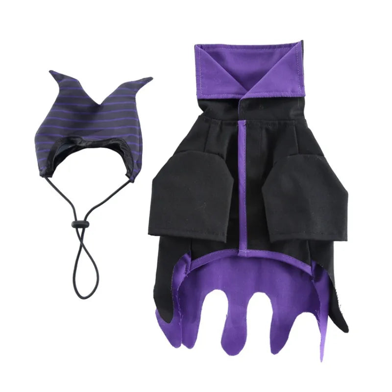 Halloween dog witch costume featuring a black cloak and a matching pointed hat for festive pet celebrations