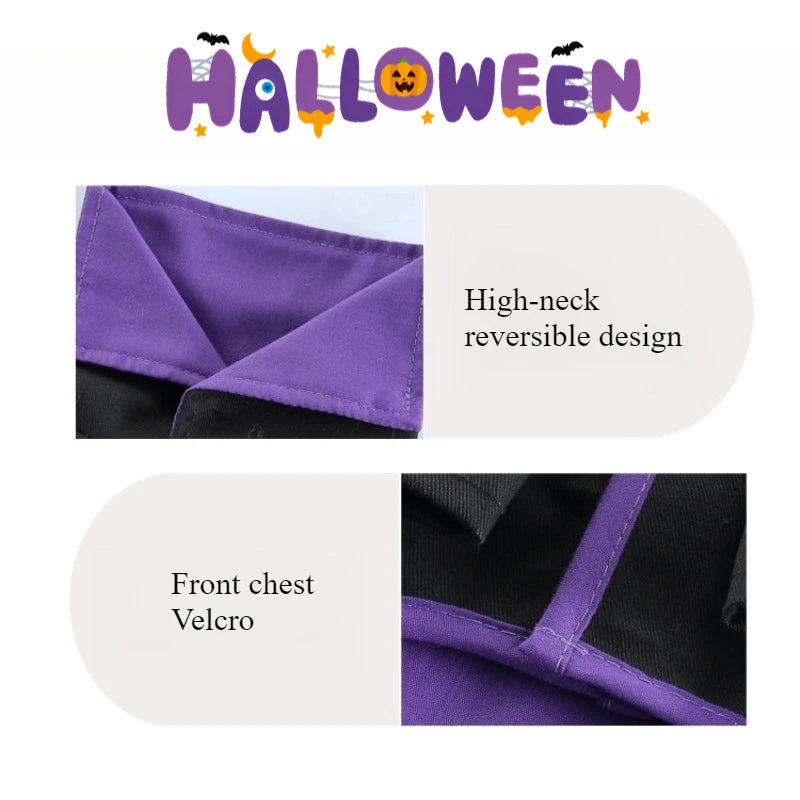 Halloween dog witch costume featuring high-neck reversible design and front chest Velcro closure
