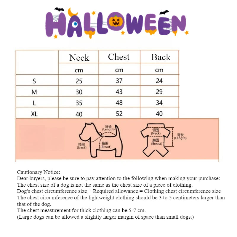 Halloween dog witch costume size chart for small to extra-large dogs with measurement details